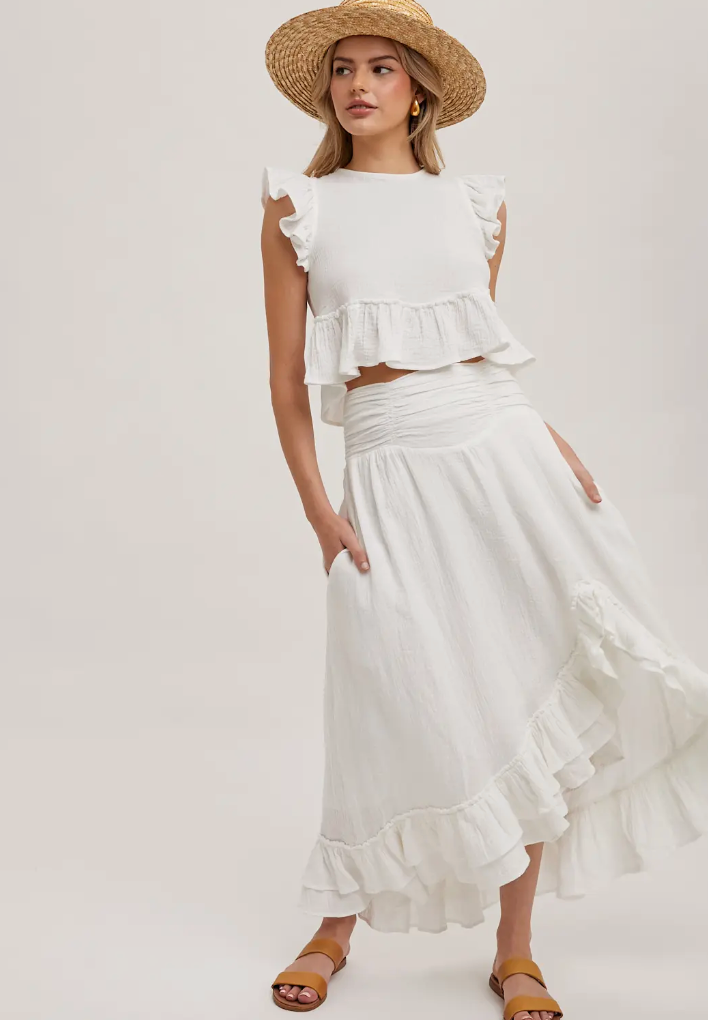 BLUIVY RUFFLE TRIMMED CROP AND SKIRT SET