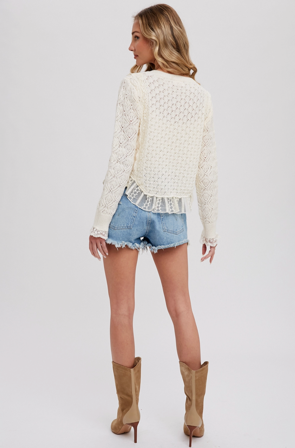 BLUIVY  BUTTON UP LACE TRIM SWEATER