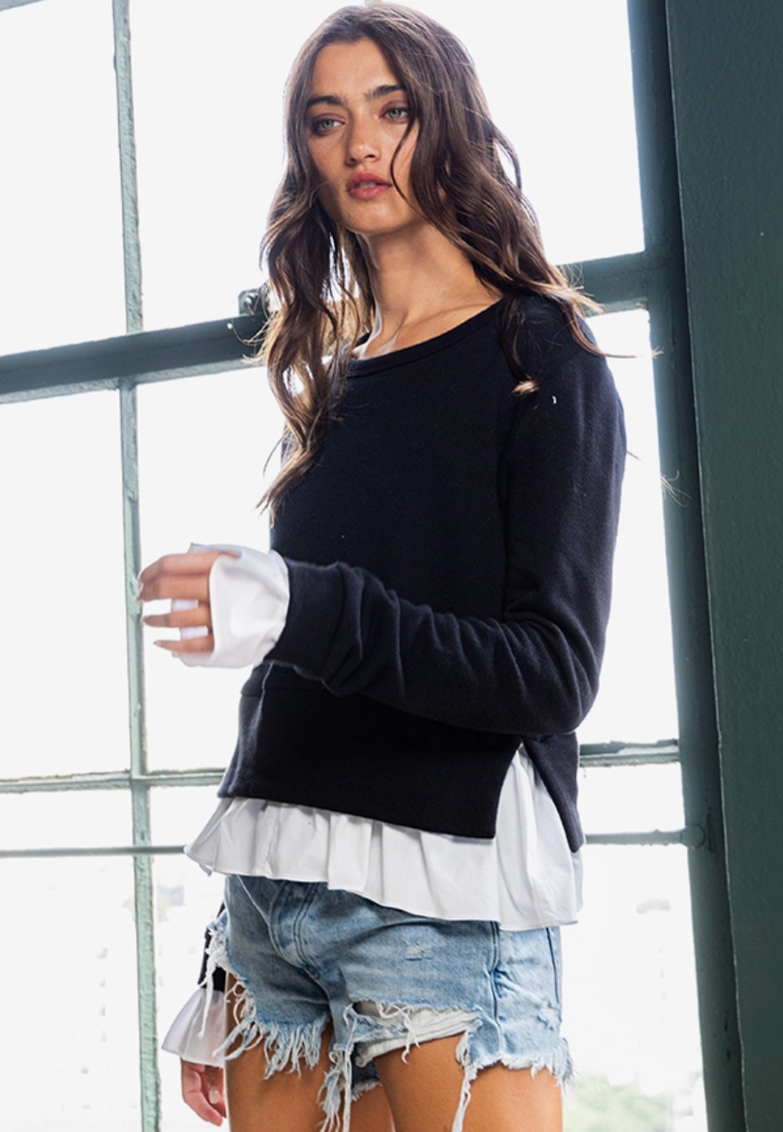 BUCKETLIST RUFFLED HEM CREWNECK