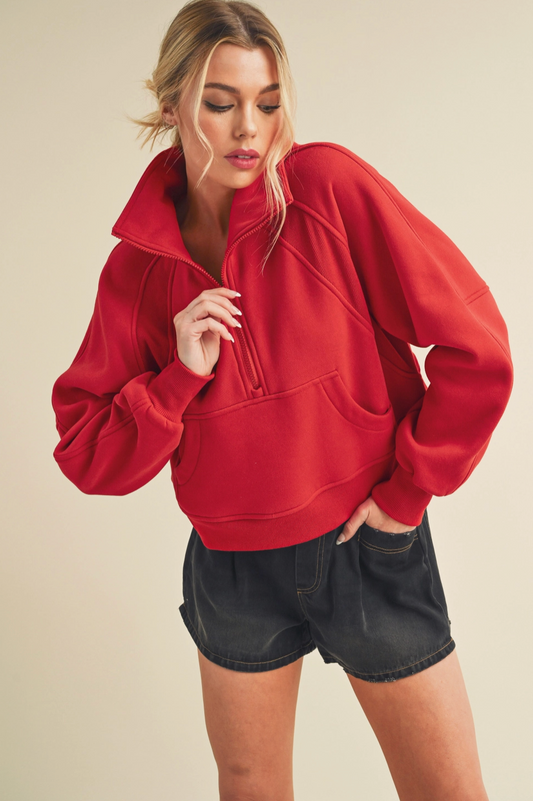 AEMI+CO RED READY HALF ZIP SWEATSHIRT
