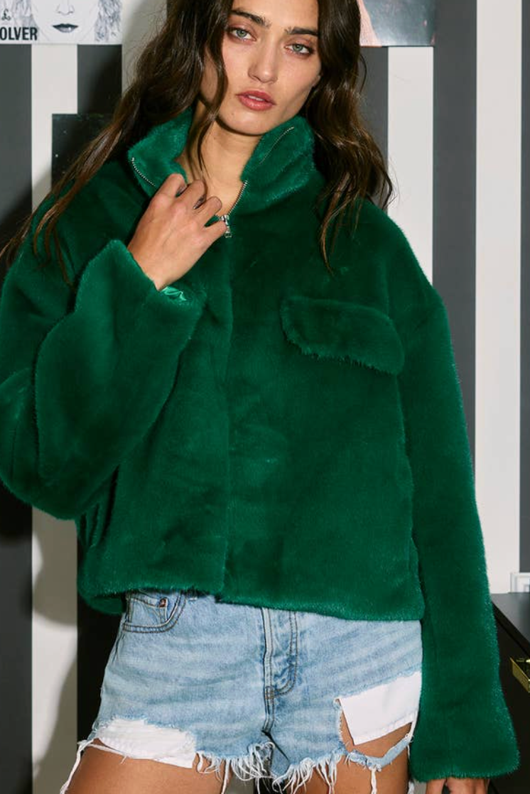 BUCKETLIST EMERALD FROST FAUX FUR CROP COAT