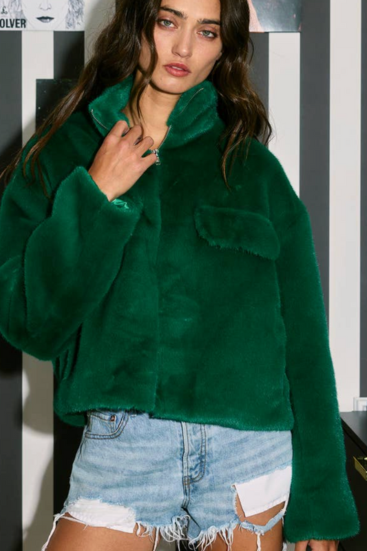 BUCKETLIST EMERALD FROST FAUX FUR CROP COAT