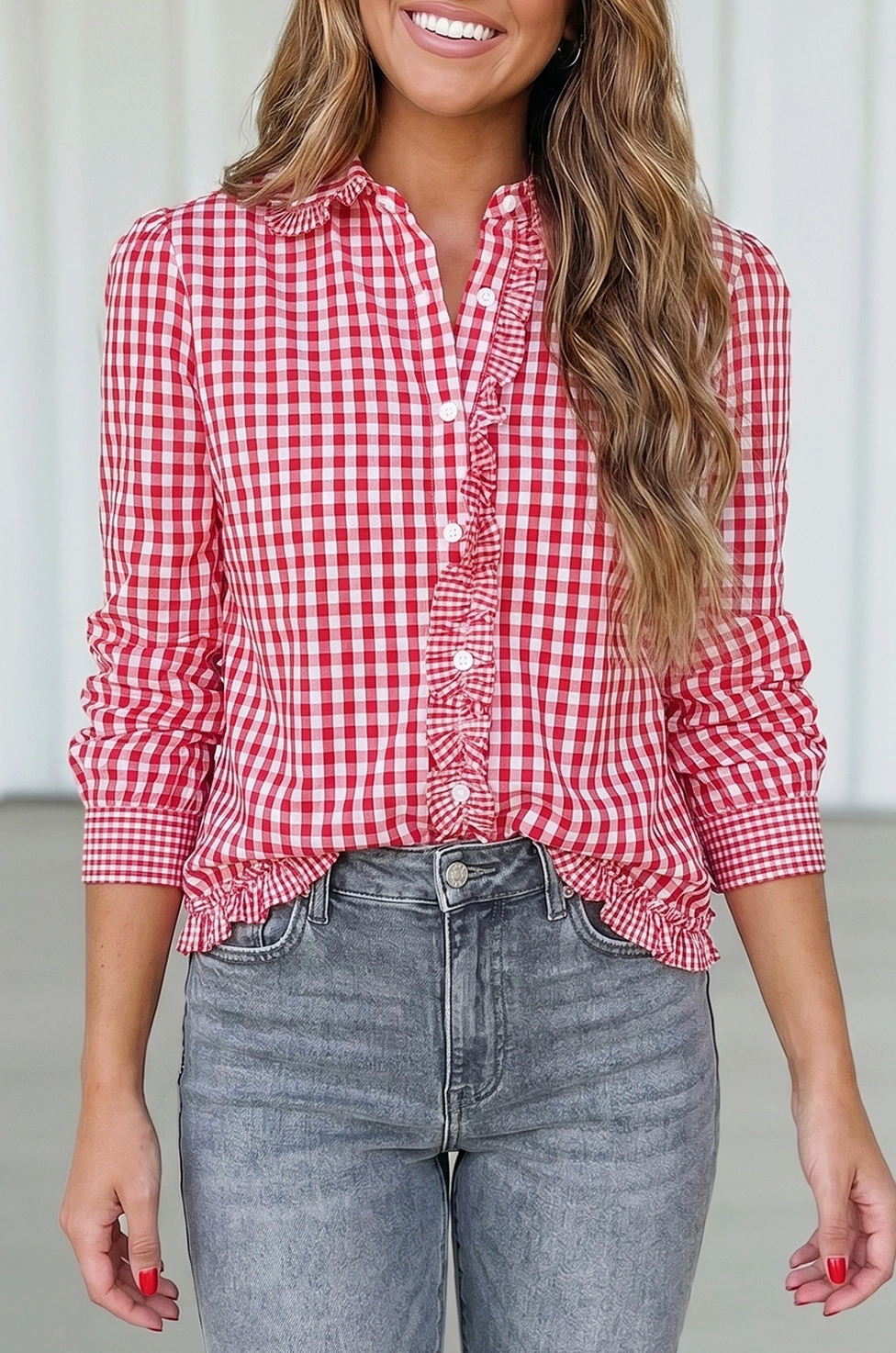 LA SOCIETY RED GINGHAM BUTTON DOWN