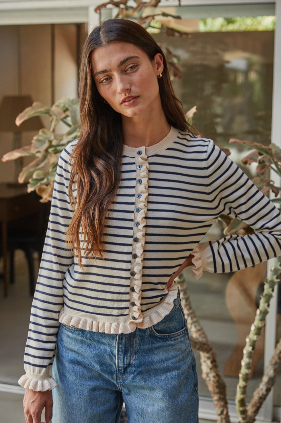 BY TOGETHER STRIPED RUFFLE CARDIGAN