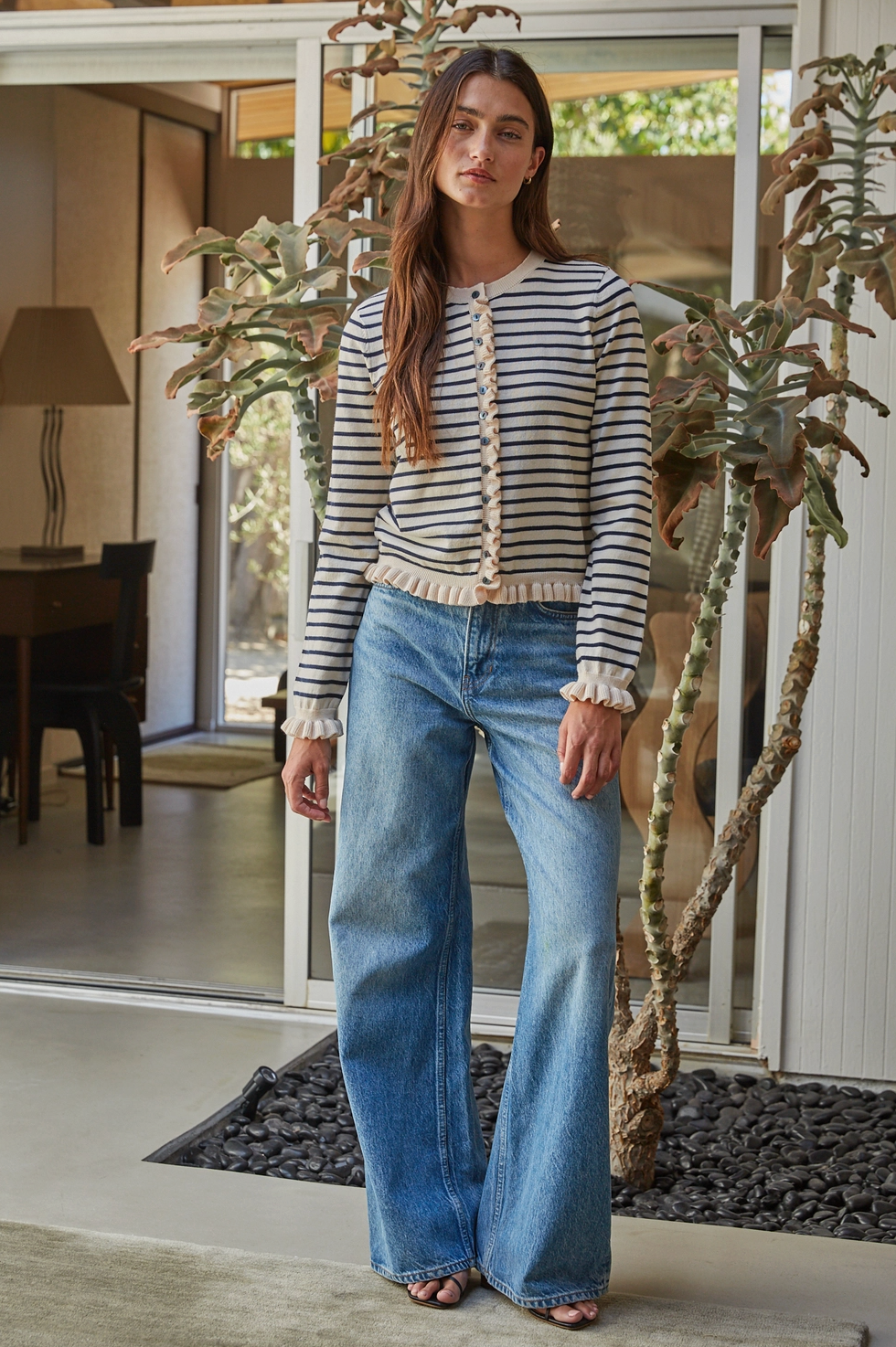 BY TOGETHER STRIPED RUFFLE CARDIGAN