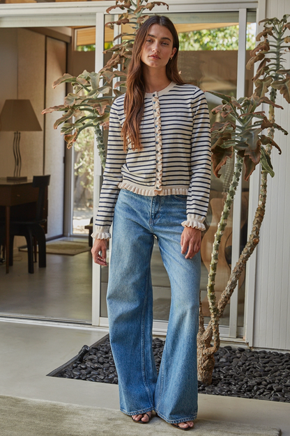 BY TOGETHER STRIPED RUFFLE CARDIGAN