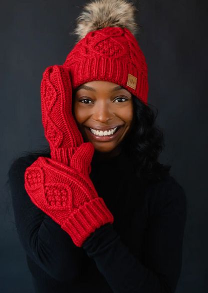 PANACHE RED CABLE KNIT POM HAT