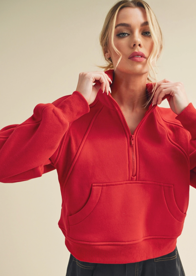 AEMI+CO RED READY HALF ZIP SWEATSHIRT