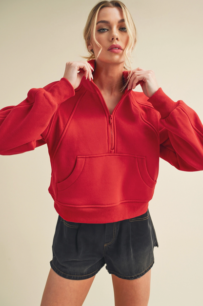 AEMI+CO RED READY HALF ZIP SWEATSHIRT