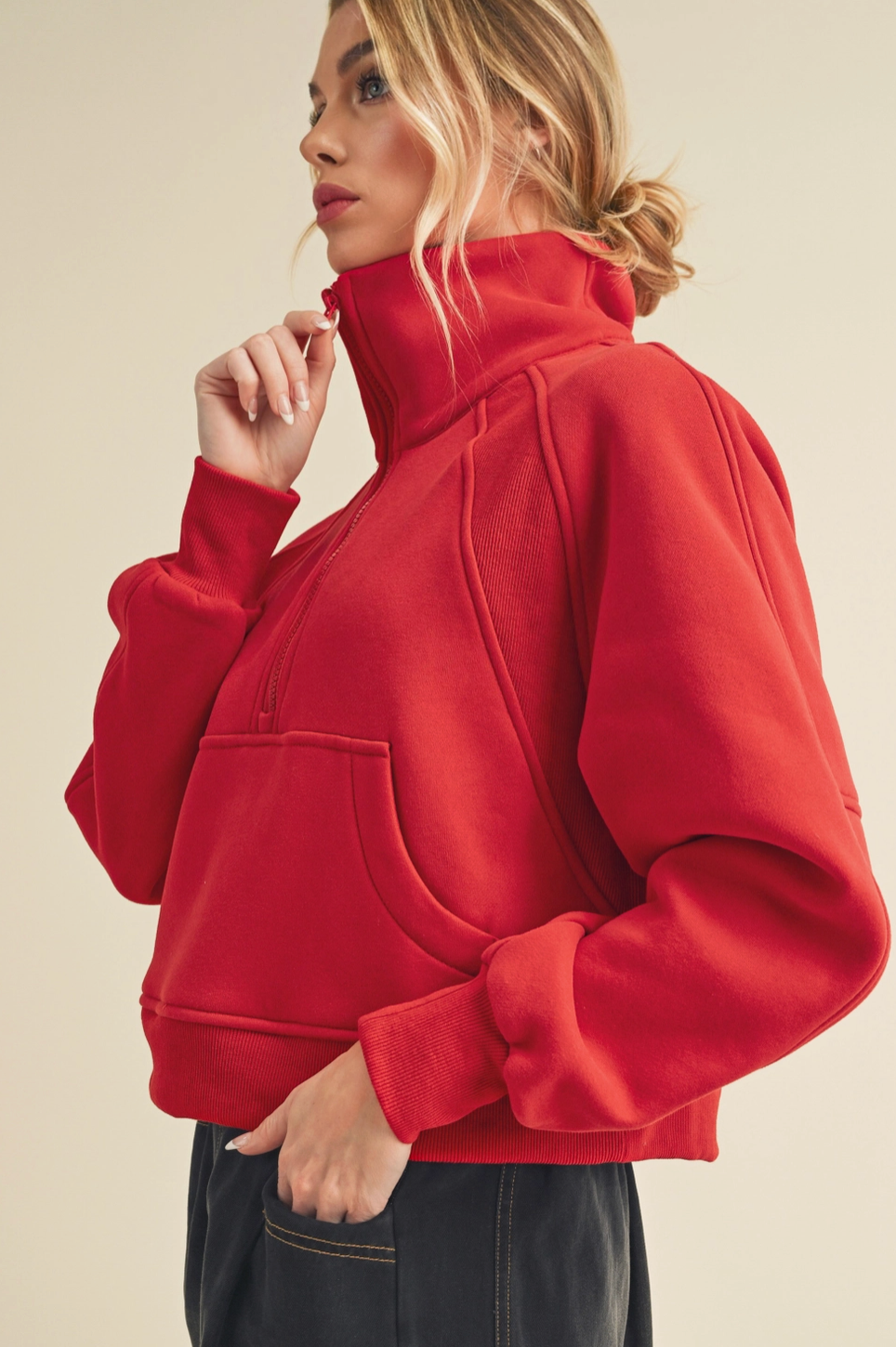 AEMI+CO RED READY HALF ZIP SWEATSHIRT