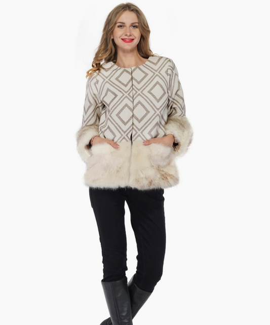 AMERICA & BEYOND JACQUARD FAUX FUR JACKET