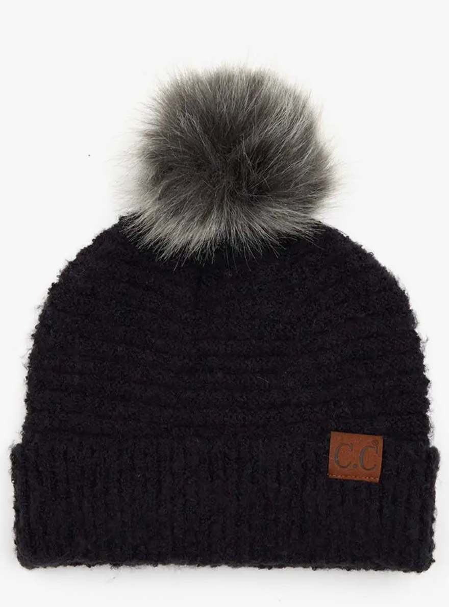 C.C. SOLID BOUCLE YARN BEANIE WITH POM HAT
